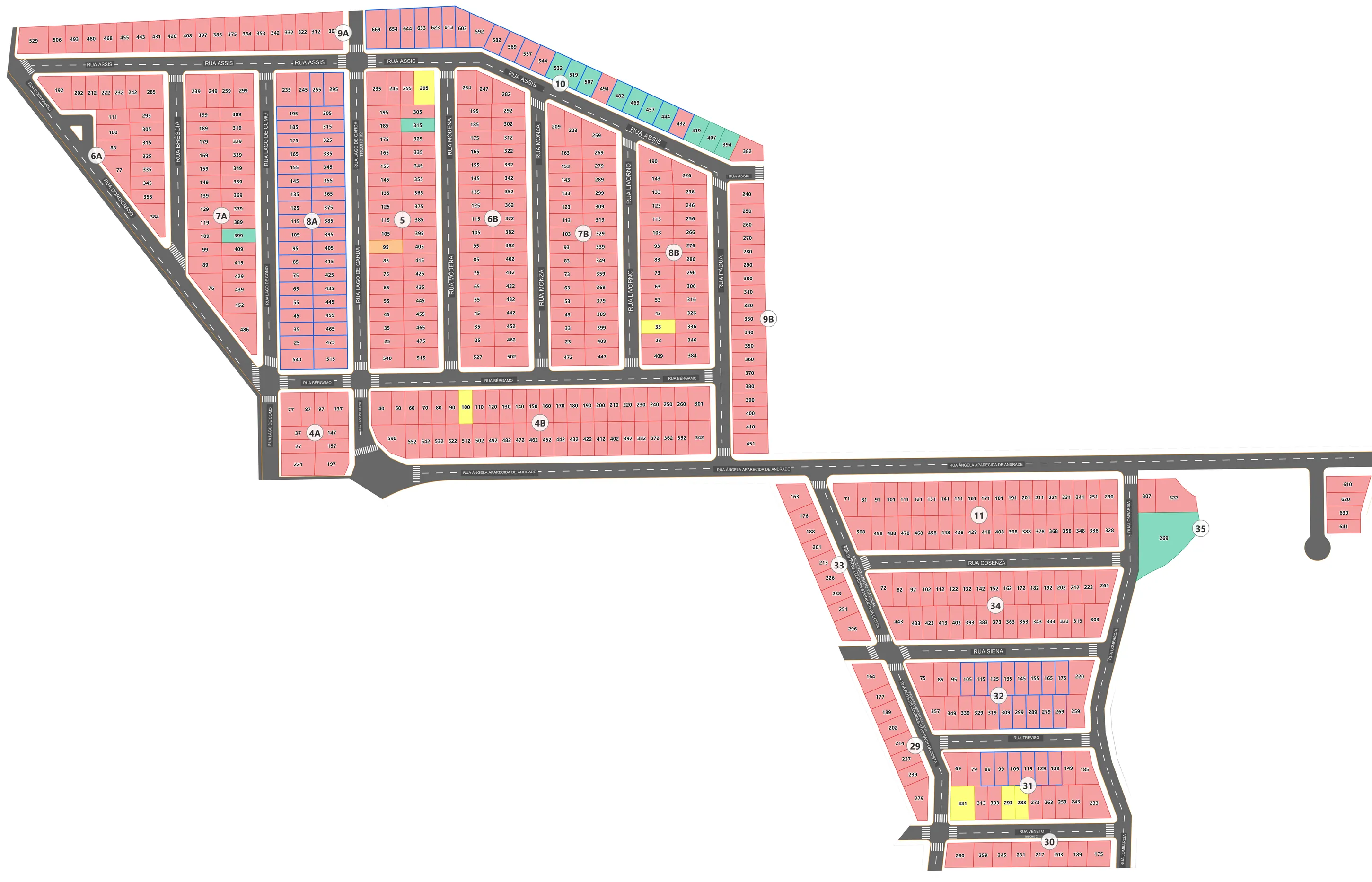 Mapa de vendas do Jardim Nova Itália exportado do sistema: quase todos os lotes em vermelho, vendidos