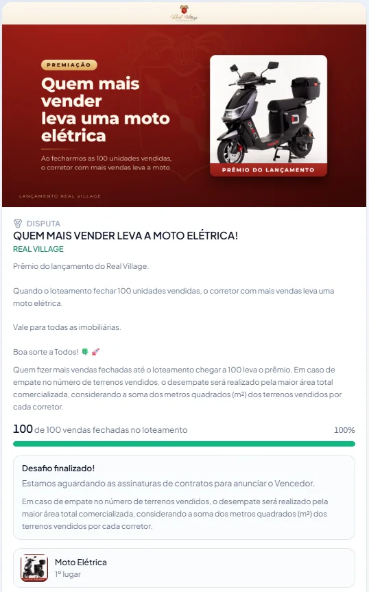 Print do sistema: o desafio do Real Village, quem mais vender leva uma moto elétrica, com 100 de 100 vendas fechadas