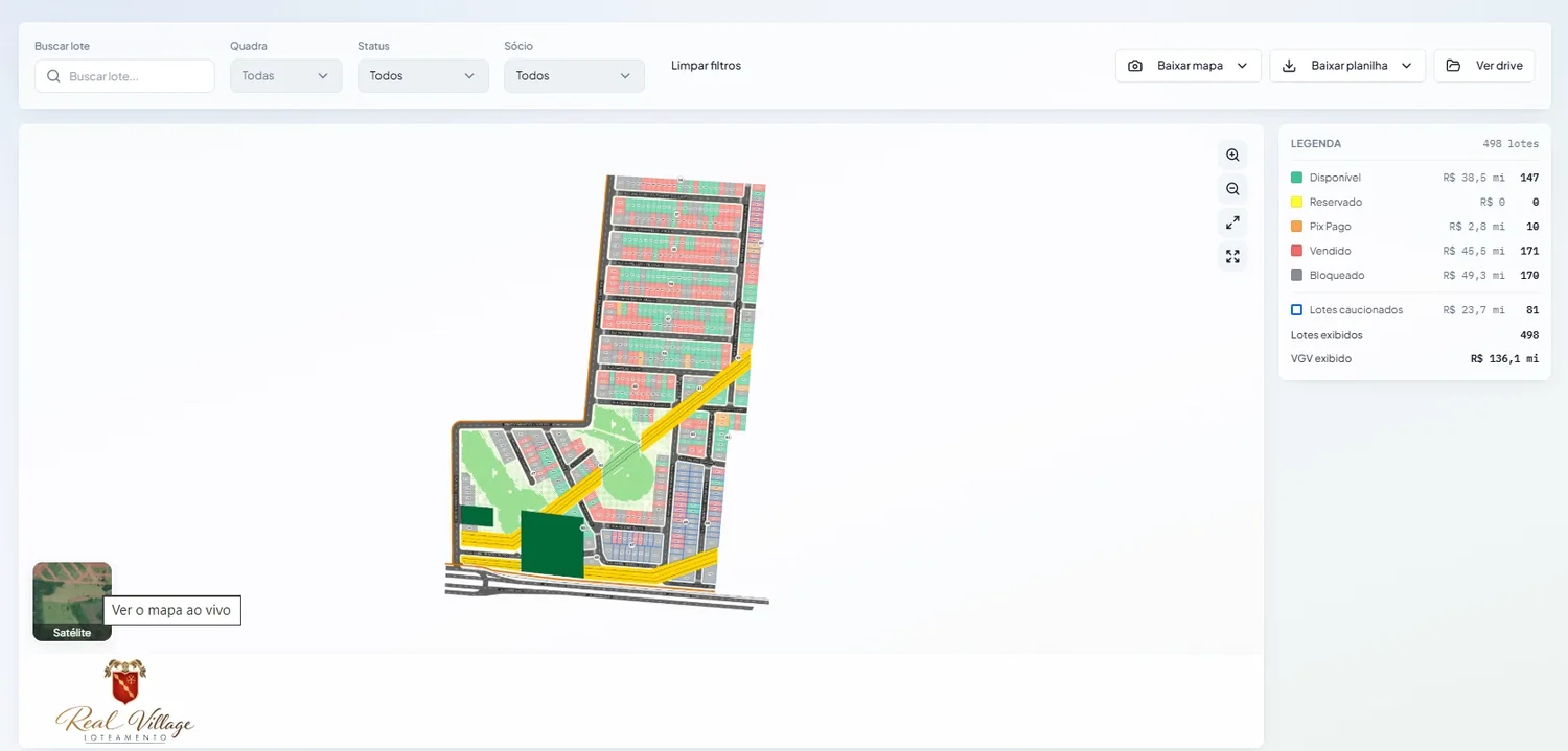 Print do sistema: mapa de vendas do Real Village, com 498 lotes por situação
